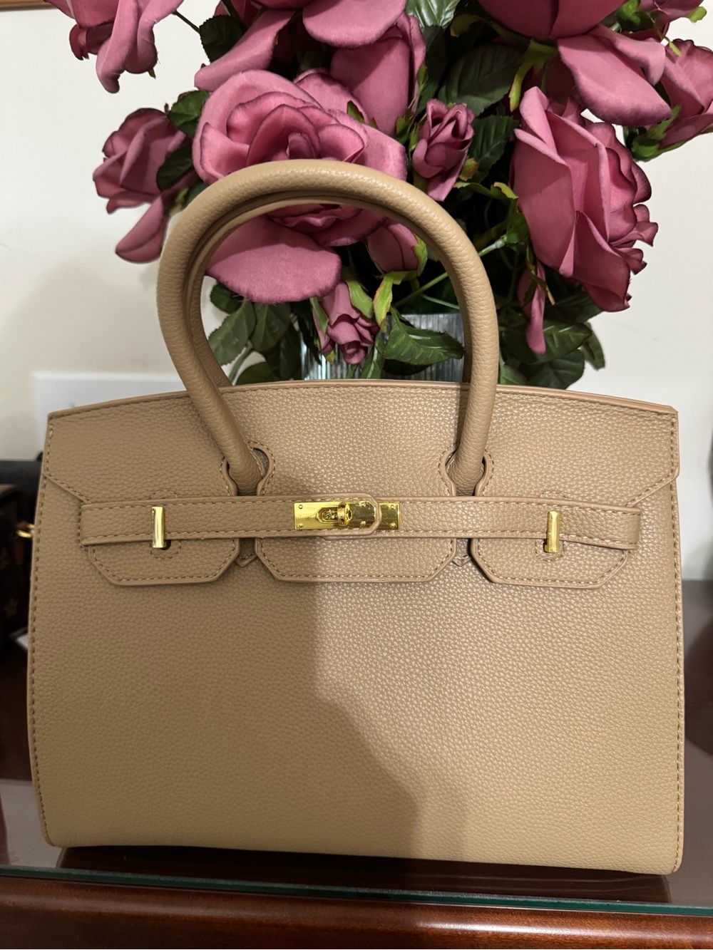 Structured Top-Handle Tote in Beige with Gold Hardware